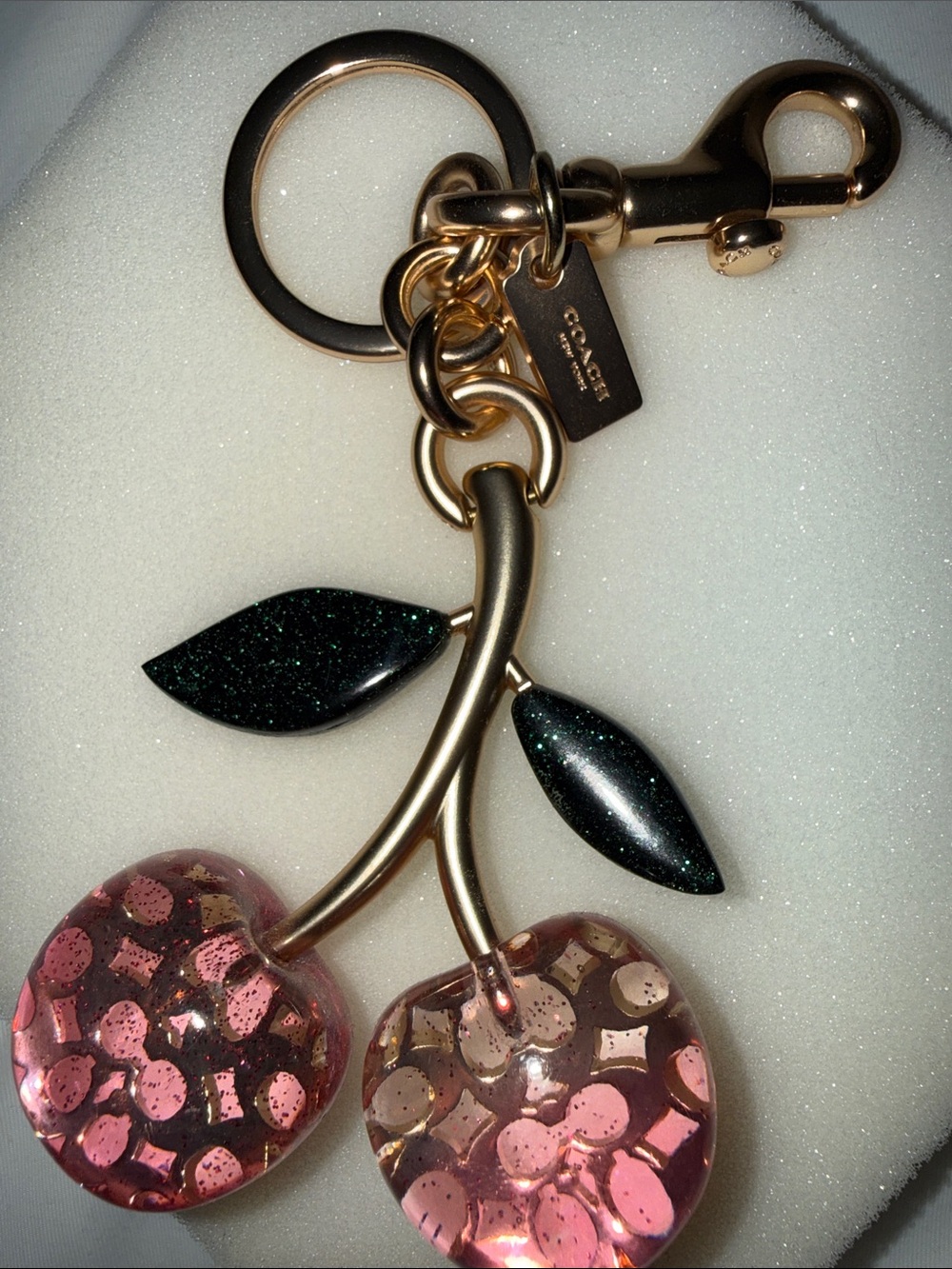 Coach Pink Cherry bag charm  with Green Leaves and Gold Hardware